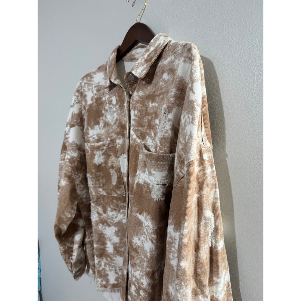 POL Womens Brown Tie Dye Distressed Denim Shacket Oversized Shirt Jacket Large - Picture 5 of 13